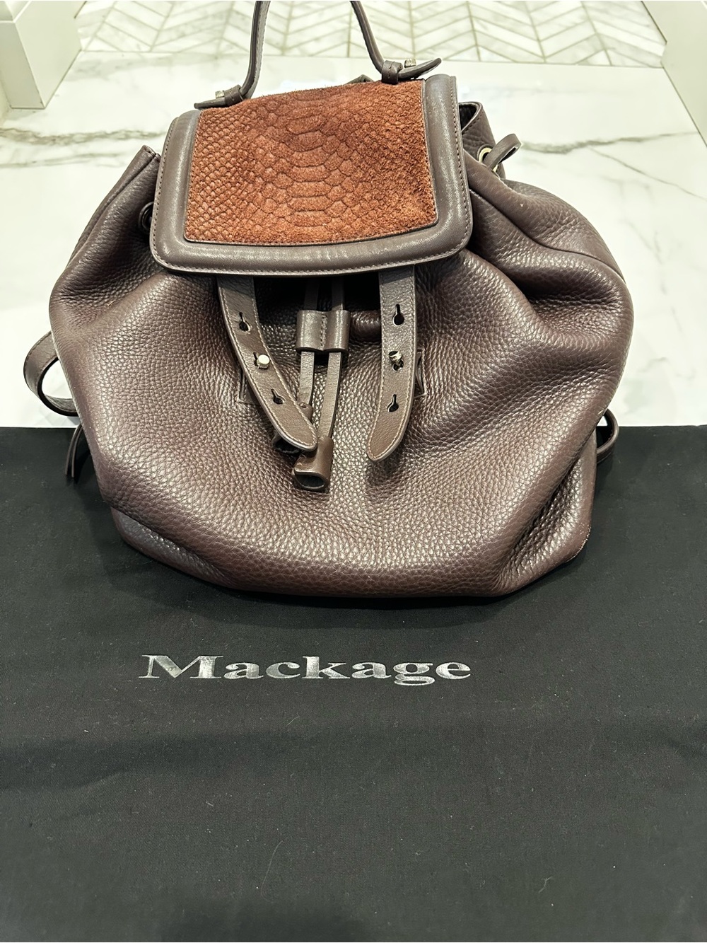 Mackage Burgundy Pebbled Leather Drawstring Backpack with Suede Flap